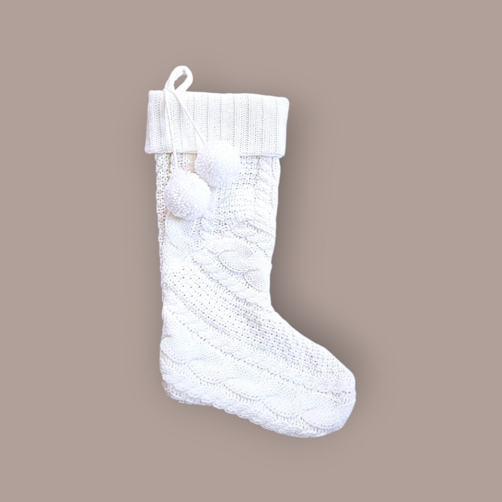 Ivory Cable Knit Pom Poms Christmas Holiday Stocking, 19" Long 10" Wide